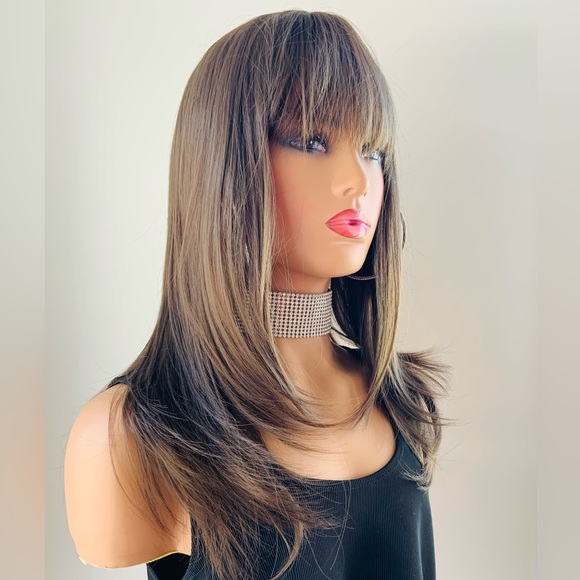 Brown “Put On & Go” Premium Fiber Wig with Bangs for Daily Wear or Events - Picture 3 of 5